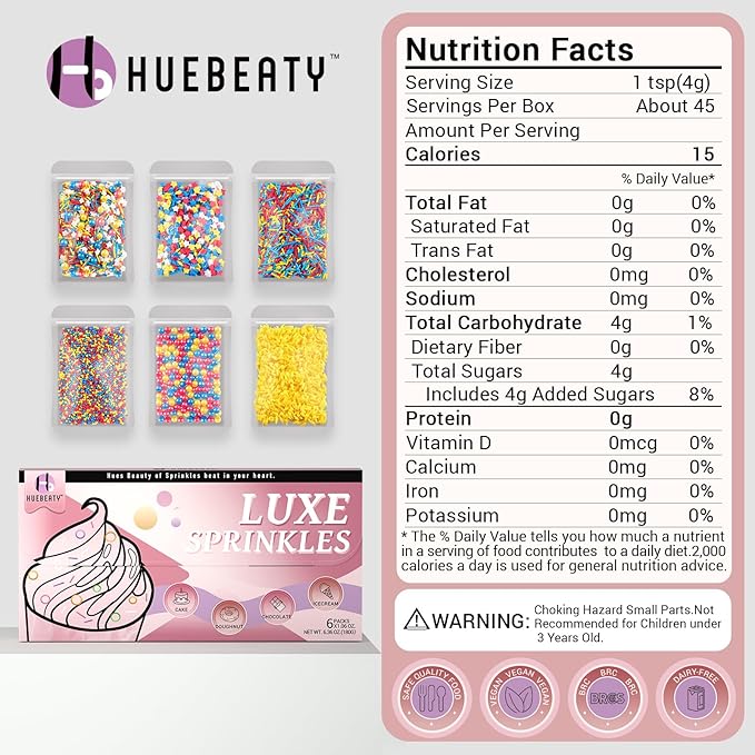 HUEBEATY 6-in-1 Sprinkles for Cake Decorating – 180g Red Blue Yellow Cake Sprinkles Mix with Flash Lightning Bolt Confetti, Jimmies, Nonpareils, Stars & Pearls – Edible Cakes, Cupcakes, Cookies & Ice Cream Topper Decorations (Primary)