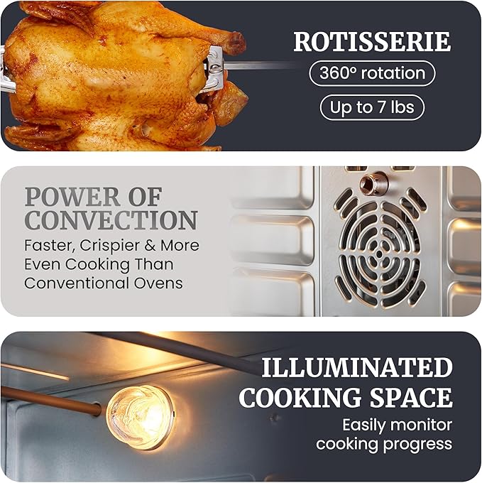 Elite Gourmet ETO4510B# French Door 47.5Qt, 18-Slice Convection Oven 4-Control Knobs, Bake Broil Toast Rotisserie Keep Warm, Includes 2 x 14" Pizza Racks, Stainless Steel