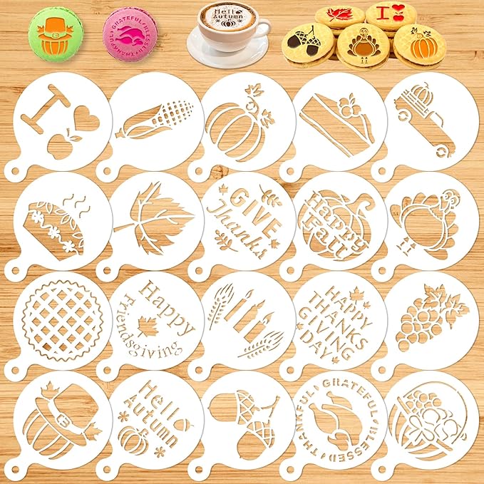 Konsait Thanksgiving Decoration Cookie Stencils, 20 Pack Happy Fall Farmhouse Harvest Give Thanks AutumnTemplate Stencils for Baking Royal Icing Cake Coffee DIY Painting Craft Party Favors Supplies
