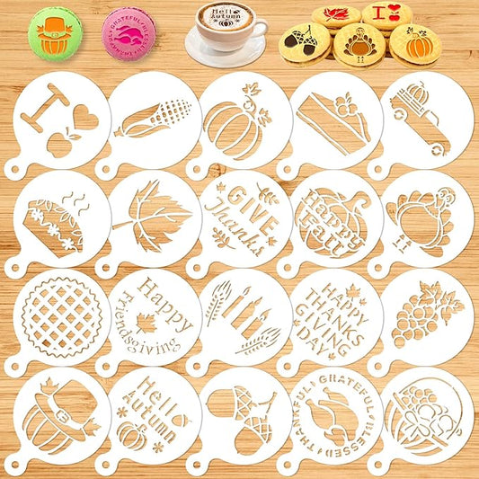 Konsait Thanksgiving Decoration Cookie Stencils, 20 Pack Happy Fall Farmhouse Harvest Give Thanks AutumnTemplate Stencils for Baking Royal Icing Cake Coffee DIY Painting Craft Party Favors Supplies