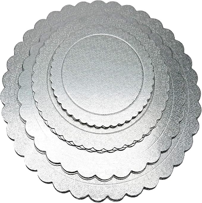 Goiio 4 Pack Cake Boards, Scalloped Cake Circle Base, 6, 8, 10, 12 Inch Cake Base Cardboard 1 of Each Size Set for Baking Cake, Silver