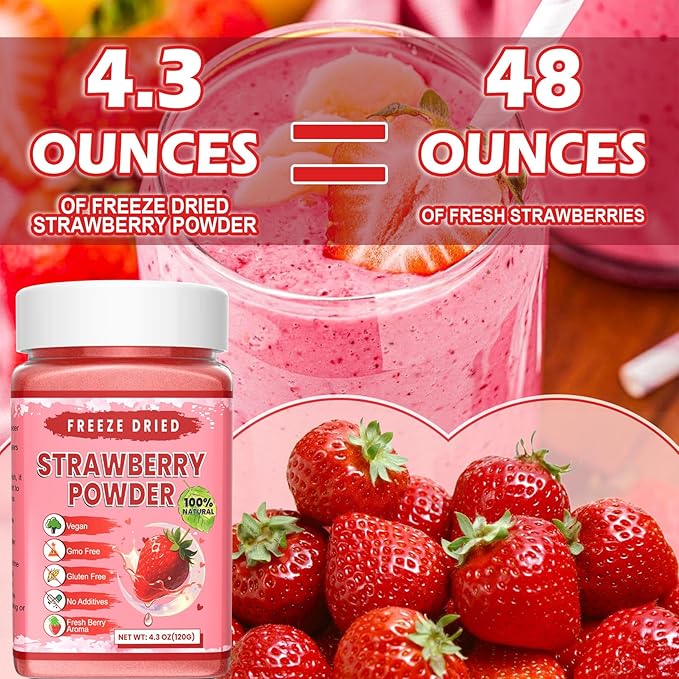 Freeze Dried Strawberry Powder - Kiigfood 4.3 oz/120g Natural Strawberry Powder Fruit Powder, Strawberries Source for Smoothie, Drinks, Christmas Baking, Cakes Decoration - Vegan, Non-GMO, Gluten-Free