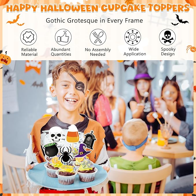 24 PCS Halloween Cupcake Toppers, 12 Designs Halloween Cake Decorations, Pumpkin Ghost Spooky Cake Topper, Halloween Birthday Cake Toppers for Theme Babyshower Kids Party Supplies
