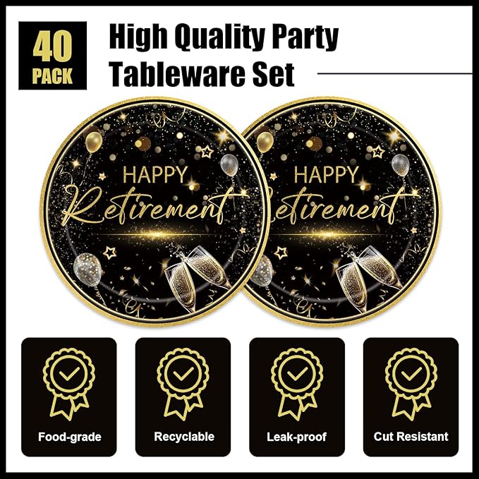 40pcs Retirement Party Decoration,include 20 dessert plate, 20 Napkin,Black Gold Disposable Tableware Used for Retirement Party Supplies