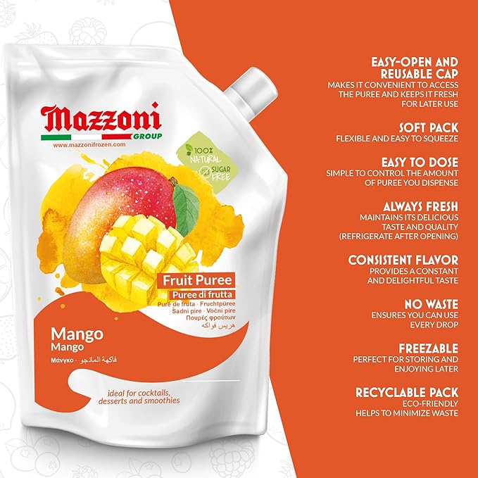Mazzoni Mango Puree, Juice, 100% Pure Mango Lassi, Just Fruit, Nectar, No Sugar Added, 2.2 lbs (35.2 oz) Real Fruit Mixer for Cocktails, Drinks, Smoothies Convenient Pouch, Made in Italy