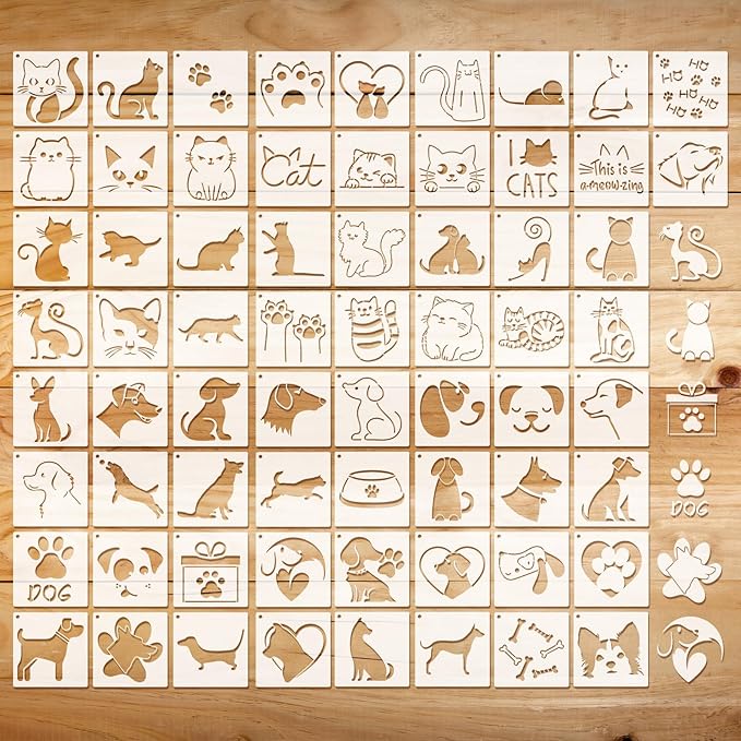 Marspark 66 Pcs Small Stencils for Crafts Reusable 3 Inch Stencils for Painting on Wood DIY Craft Paint Template for Wall Home Decor Card Rock Canvas Drawing Holiday Ornament (Cat and Dog)
