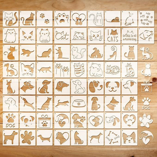 Marspark 66 Pcs Small Stencils for Crafts Reusable 3 Inch Stencils for Painting on Wood DIY Craft Paint Template for Wall Home Decor Card Rock Canvas Drawing Holiday Ornament (Cat and Dog)
