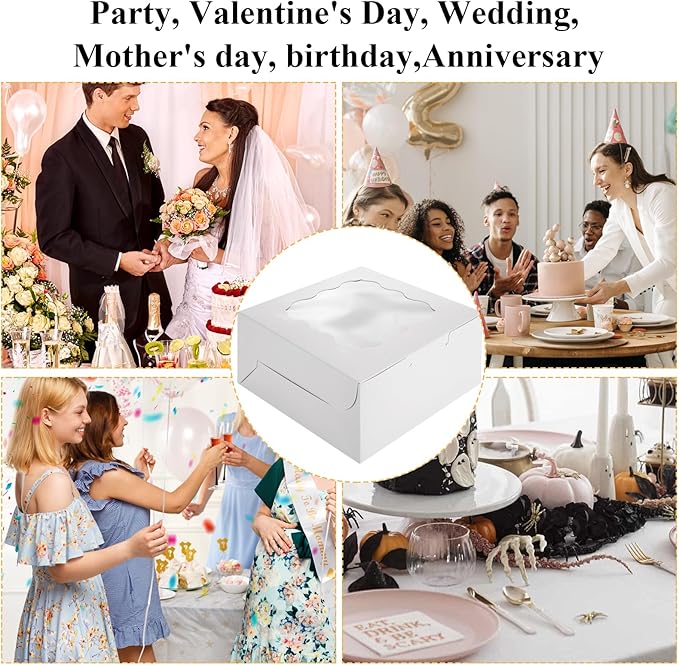 QTLCOHD 100 Pack Bakery Boxes 6 x 6 x 3 Inches Cookie Boxes with Window White Pastry Boxes Bulk Treat Boxes for Dessert, Cupcakes, Pastries, Cookies, Strawberries Chocolate