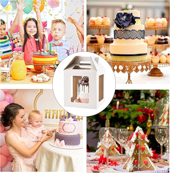 Cake Box with Windows and Handle, 10x10x10 inches, Tall Cake Carrier for Tiered Cakes, White