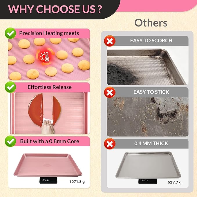 Saker nonstick baking sheet pan set,EvenHeat Baking Sheets Set of 2, Non-Stick Cookie Pan for Perfect Baking Results, Oven Safe Carbon Steel Bakeware (Pink)