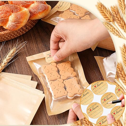 Outus 200 Pcs Cookie Packaging Bags with Seal, 4 x 6 Inch Bakery Pastry Bags with Window, Heat Sealable Grease Resistant Paper to Go Bake Sleeves for Gift Giving Donut Bread Sandwich (Brown)