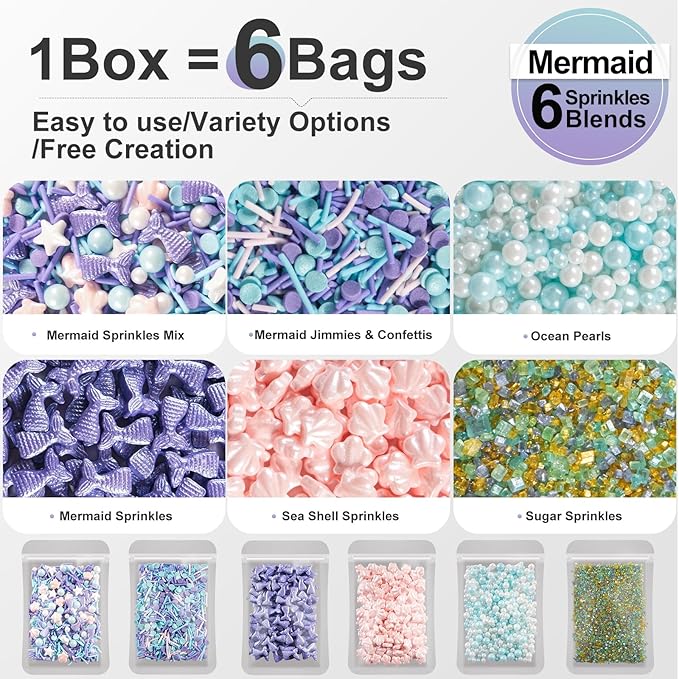 HUEBEATY 6-in-1 Mermaid Sprinkles Edible Set – 180g Seashell Candy, Jimmies, Mermaid Tail Sprinkles, Blue & White Pearls, Sanding Sugar – Edible Mermaid Cake Decorations for Cupcakes, Cookies, Ice Cream & Summer Desserts Decorating