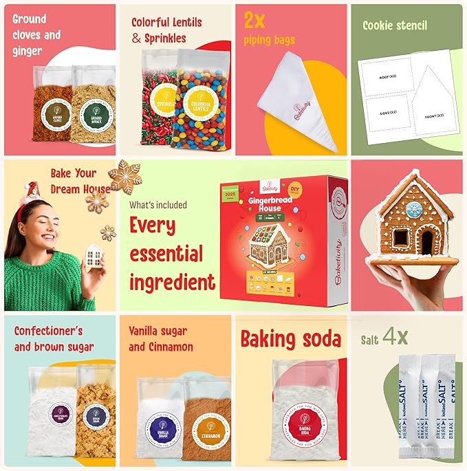 Baketivity Baking Kit Holiday Gingerbread House Kit - Bake And Build Edible Gingerbread House - Create a Treat Gingerbread House Kit - Kids Baking Set With Materials And Premeasured Ingredients