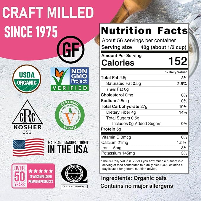 Great River Milling Organic Old Fashioned Rolled Oats | Gluten Free Whole Grain, USDA Organic, Non-GMO, Kosher | Hearty Texture for Oatmeal, Granola, Cookies, Baking & Meal Prep | 2 Lb