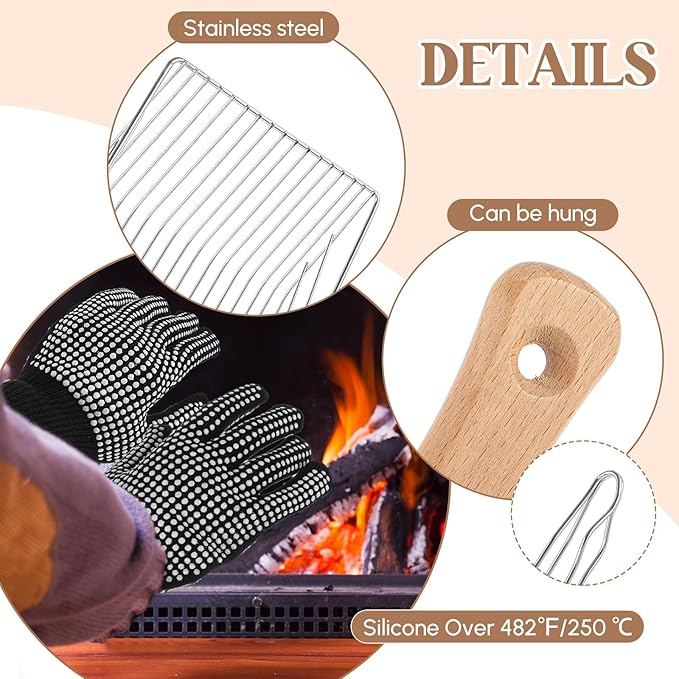 3 Pcs Fireplace Ash Sifter Oven Shovel Hollow Out Ember Recovery Tool Shovel Heat Resistant Silicone Glove Brush Scoop Charcoal(Classic,Stainless Steel)
