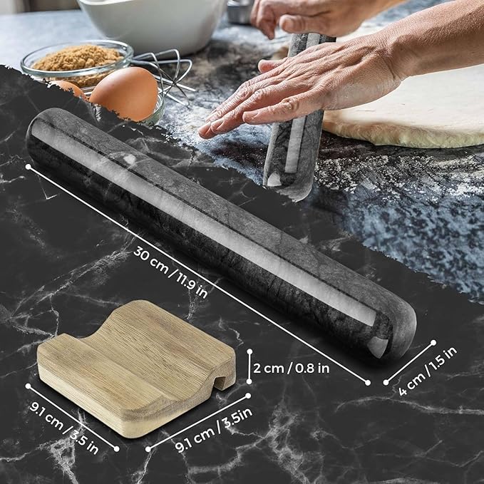 Flexzion Dowel Rolling Pin, 11-inch Black Marble with Wooden Holder Base Stand, Marble Rolling Pin for Baking Pastry Pizza Dough Roller Fondant Cookie Pie Crust Pasta Bakery Roller Pin