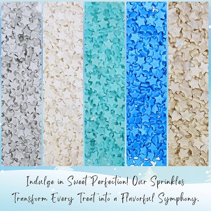 Confect Christmas Sprinkles | Frozen Sprinkles for Baking & Cake Decorative | Christmas jimmies sprinkles |stars Sprinkles Pack of 5 sprinkles -Blue, White, Gold and silver color sprinkles| Dessert Decorating - Frozen Sprinkles Toppings -5 Oz