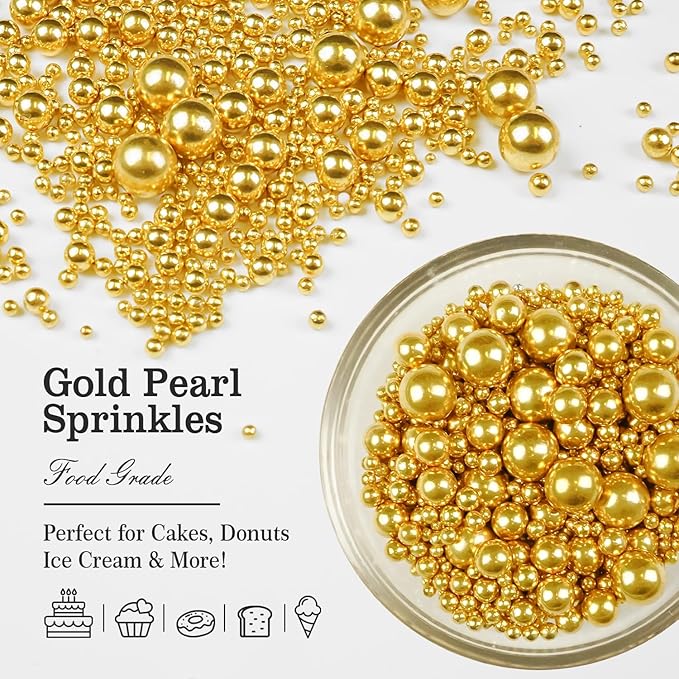 Gold Pearl Sprinkles for Cake Decorating, 150g/5.29oz, Mix Size, Edible Sugar Candy Pearls, Cake Decorations, Cupcake, Cookies, Foodgrade Topper, Holiday, Wedding Party, Easter, Christmas Supplies