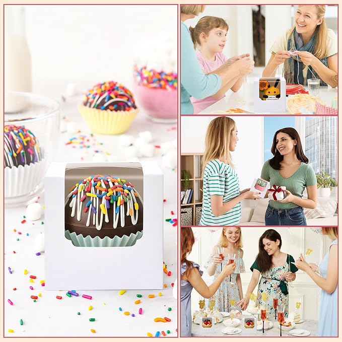 VGOODALL 60PCS Cupcake Boxes, 3.5 Inches Individual Cupcake Containers with Window and Insert for Muffins Cocoa Bombs Packaging Togo Boxes for Birthday Baby Shower Wedding Party Favors