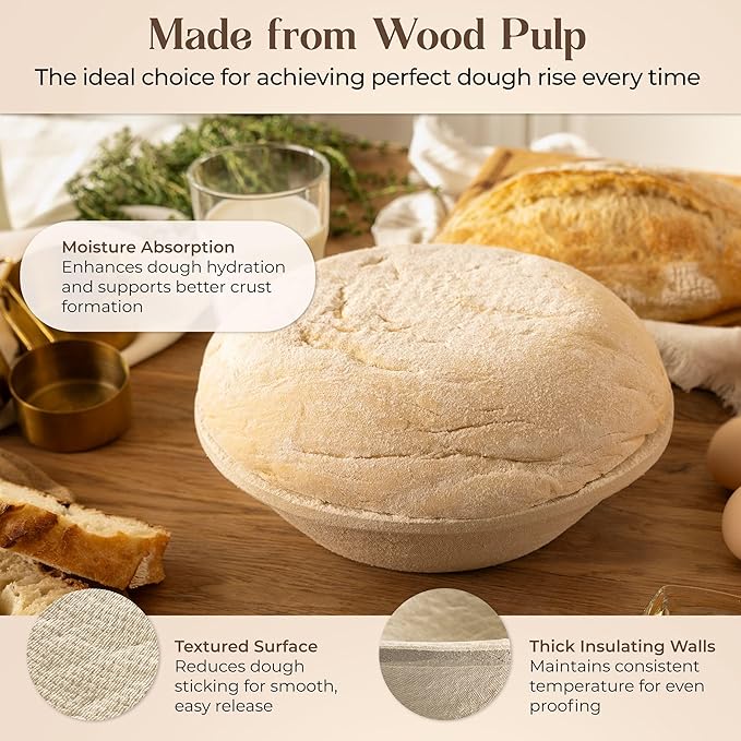 11" Round Wood Pulp Banneton Bread Proofing Basket – 2.2LB Brotform, Grooved Pattern – Non-Stick Natural Wood Pulp Pressed for Durability – Made in Germany Proofing Baskets for Sourdough Bread Baking