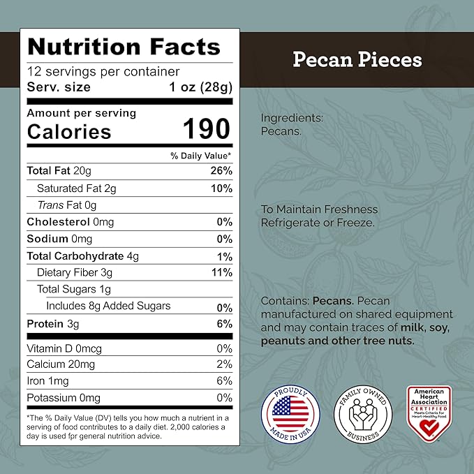 HUDSON PECAN COMPANY | Fresh Fancy Georgia Pecans Pieces | Local, Rich & Flavorful, Kosher Certified | Ideal for Baking, Cooking, Desserts, Salads & Snacking, 12 oz Resealable Pouch
