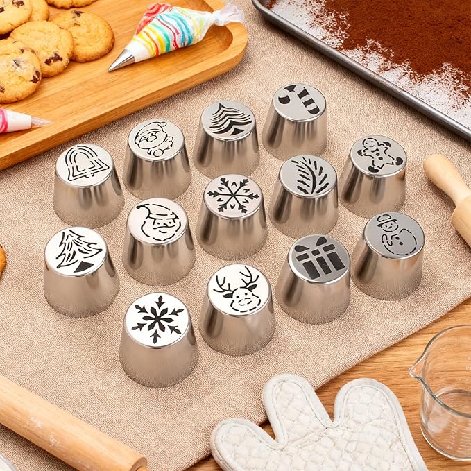 25 Pieces Stainless Steel Extra Large Christmas Piping Tips Set,13 Christmas Frosting Icing Tips with 10 Disposable Pastry Bags,1 Small Russian Tip,1 Cleaning Brush for Cake Decorations