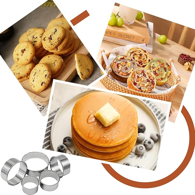 8Pcs Round Cookie Cutter Set,6 Stainless Circle Cookie Cutter(2/3/3.5/4/5/6 Inch) with Hard Flexible Plastic Dough Scrapers and 10 Piping Bags, Biscuit Cutters for Baking Cookies, Pastries and Donuts