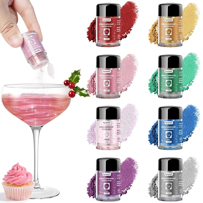 8 Colors Edible Glitter Set, Edible Glitter for Drinks, Luster Dust Shimmer Powder for Cakes, Cocktails, Beverages, Strawberries, Cookies, Candies, Fondant, Decorations,Christmas (5g/Bottle)