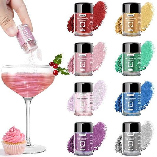 8 Colors Edible Glitter Set, Edible Glitter for Drinks, Luster Dust Shimmer Powder for Cakes, Cocktails, Beverages, Strawberries, Cookies, Candies, Fondant, Decorations,Christmas (5g/Bottle)