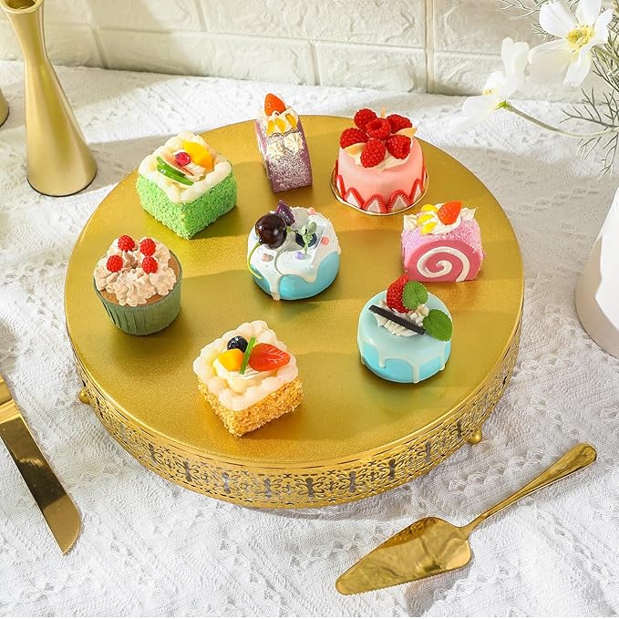 Wenqik Gold Cake Stand, 14 Inch Metal Round Cupcake Dessert Stand with Cake Knife and Server Wedding Cupcake Display Holder Cookies Serving Tray for Wedding Birthday Baby Shower Party