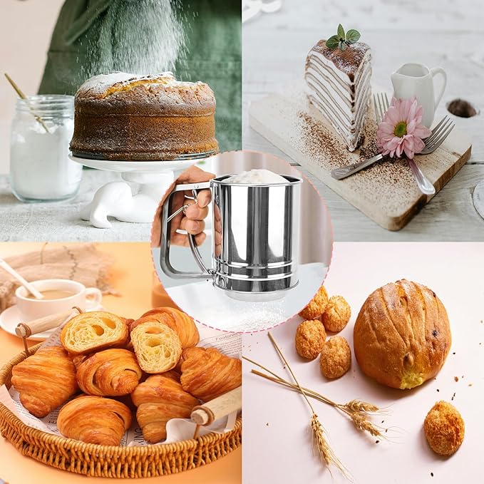Flour Sifter, Stainless Steel 3 Cup Flour Sifters for Baking, 3 in1 Sifter for Baking with Powdered Sugar Shaker Duster and Flour for Baking Cakes, Pies, Pastries, Desserts and Cupcakes