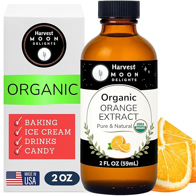 Organic Orange Extract for Baking, Ice Cream, Drinks, and Candy - 2 oz - Water-Soluble - By Harvest Moon Delights - Pure Orange Extract, Flavoring, Flavor