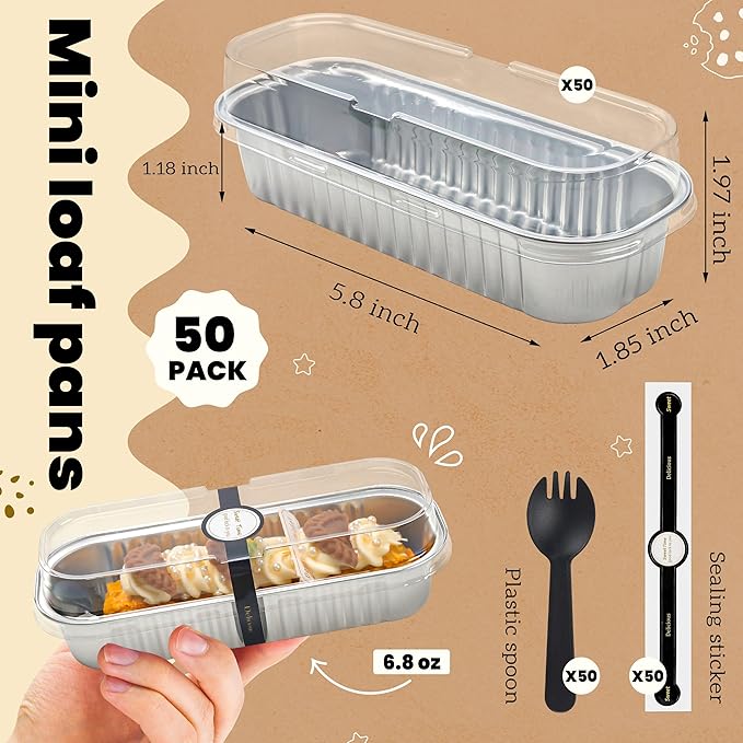 50 PACK Mini Cake Pans with Lids and Spoons, Rectangular Aluminum Foil Bread Pan, Mini Loaf Pans and Food Containers with Lids(Silver, 6.8oz)