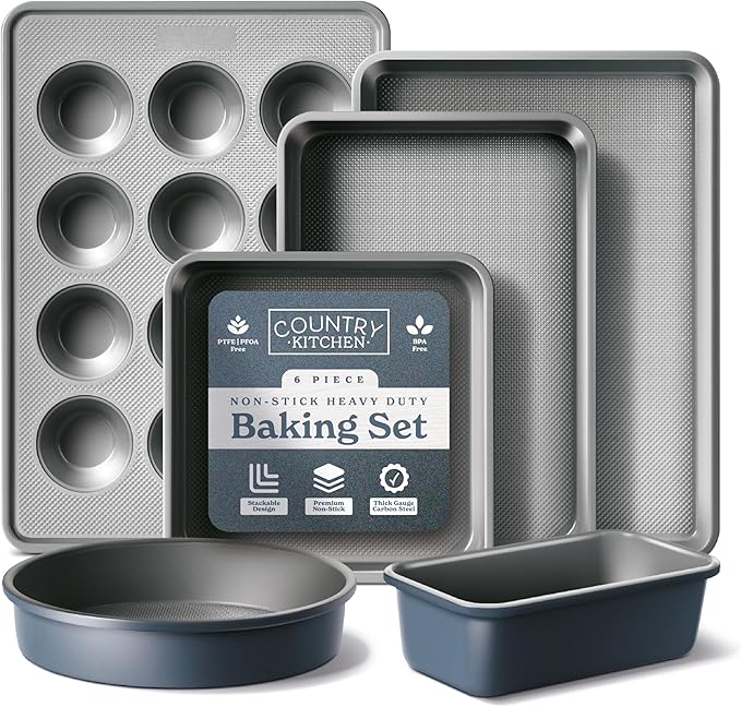 Country Kitchen Nonstick Stackable Bakeware Set - Durable, Easy Release Baking Set, Navy, 6 Pcs