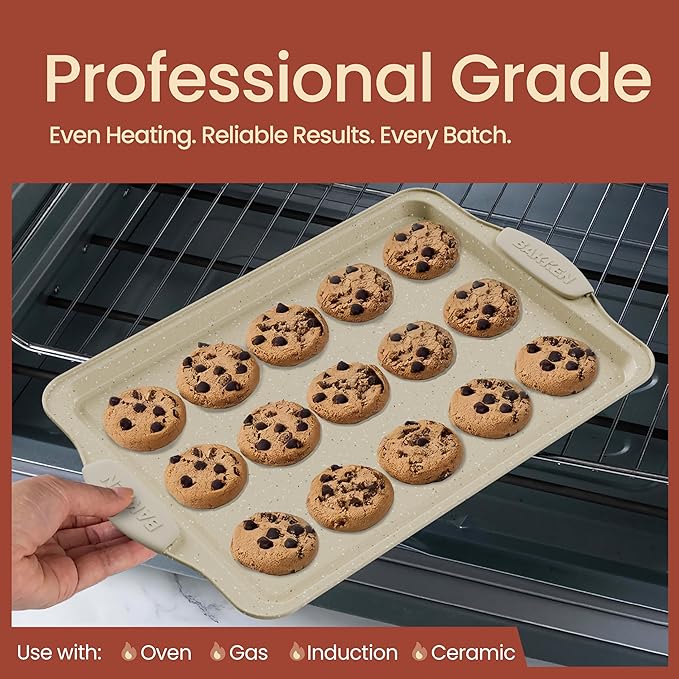 6-Piece Deluxe Nonstick Baking Pan Set - Professional Grade Carbon Steel Bakeware with White Marble Coating & Silicone Handles