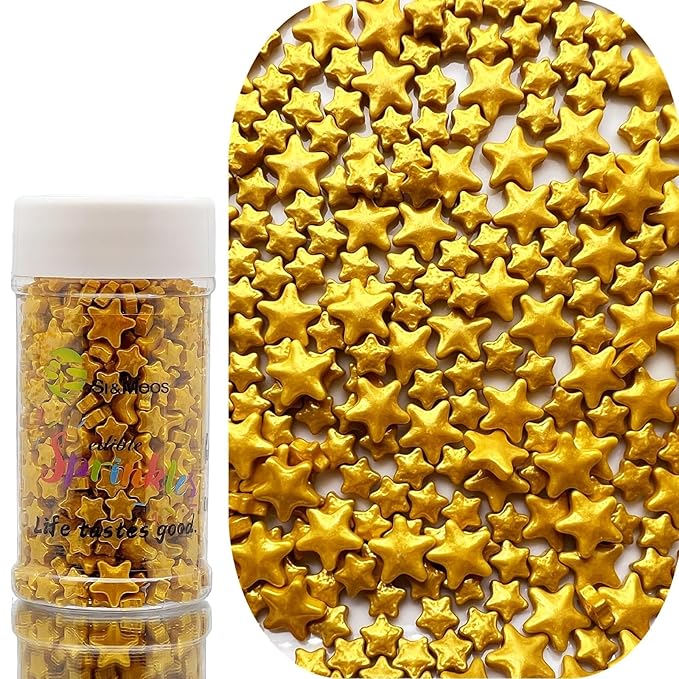 SE Si&Moos Gold Star Sprinkles for Cake Decorating Edible Gold Stars Cupcake Toppers Large and Small Star Cake Decorations for Cakes, Cupcakes, Desserts Toppings Shower Party Christmas Holiday Supplies 3 OZ