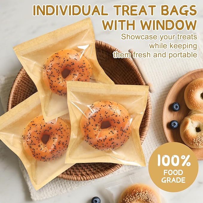 SUREHOME Paper Sandwich Bags 100 Pcs 7.1 X 7.5 In Kraft Brown Paper Bags with Window Individual Heat Seal Bakery Bag with Sticker Cookie Bag for Party Favors Snacks Treats Bread Baked Goods Packaging