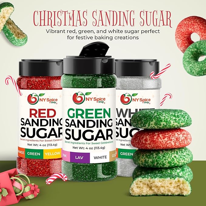NY Spice Shop Christmas Sanding Sugar – Pack of 3 Red Green & White Baking Sugar Crystals - Holiday Dessert Decorations & Colorful Sugar - Christmas Themed Baking Supplies