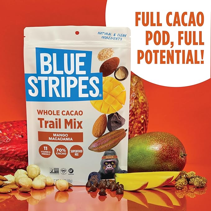 Blue Stripes - Trail Mix, 70% Chocolate Chips, Almonds, Macadamia Nuts, Mango, Healthy Snacks for Adults, Whole 70% Cacao, With Unrefined Sugar, Non GMO, Gluten Free, Vegan, 8 oz
