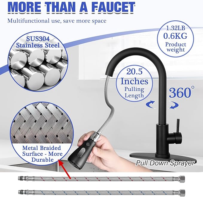 Matte Black Kitchen Sink Faucet with Pull Down Spray RV Stainless Steel Kitchen Faucet Pull Out Extension Utility Farmhouse Faucets for Sink 1 Hole Rent Apartment Dorm Single Handle Kitchen Faucet