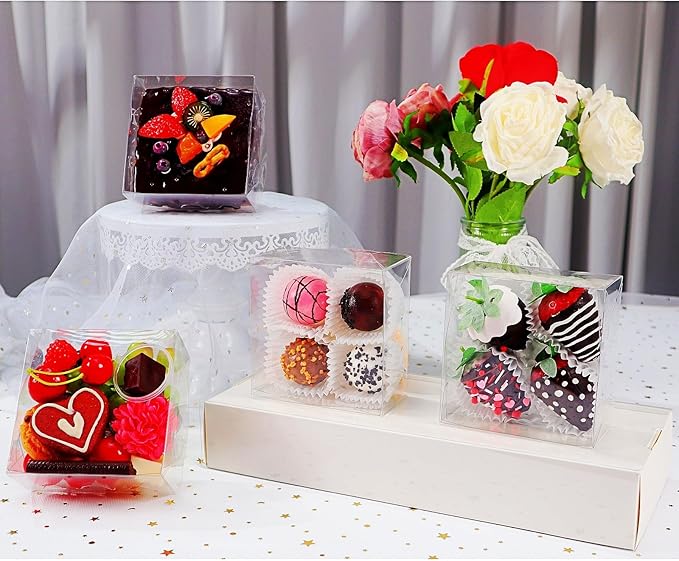 50Pack 5x5x2Inches Clear Bakery Boxes Chocolate Covered Strawberries Boxes for 4 Mini Cake Boxes Cookies Macaron Boxes Pie Boxes Browines boxes