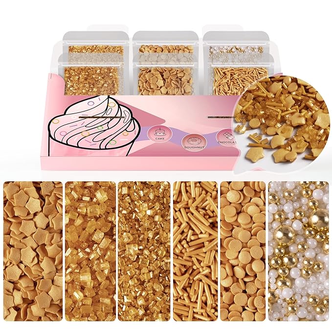 HUEBEATY 6-in-1 Gold Sprinkles Edible for Cake Decorating | 180g/6.36oz | Gold Coin & Star Confetti Sprinkles, Sanding Sugar, Jimmies for Cookies, Cupcakes and Chocolates, Mardi Gras King Cake Sprinkles