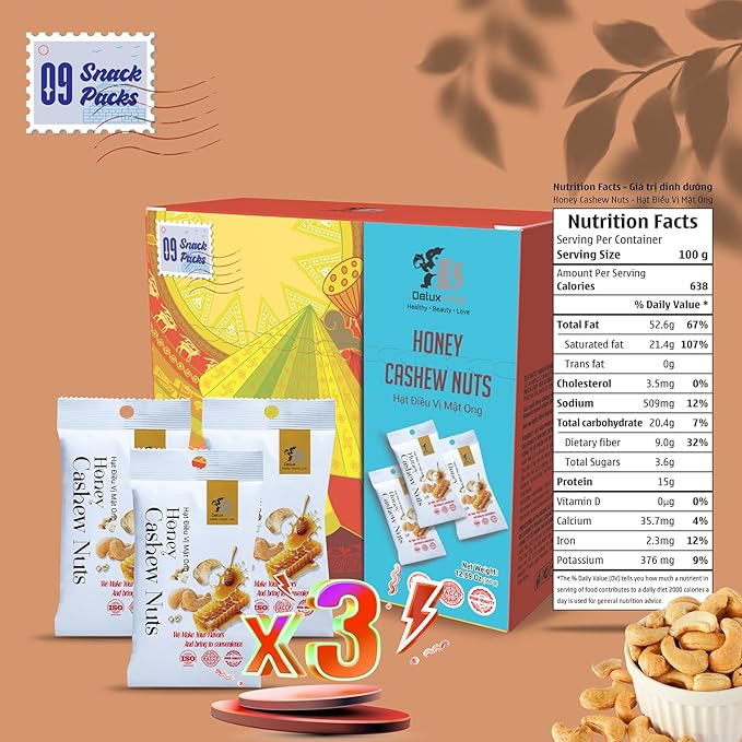 DELUXNUTS Roasted Honey Cashews (9 Packs), Whole Cashew Nuts, Individual Packs, Healthy Snack for Kids & Adults, Good Source of Protein, Gluten-Free