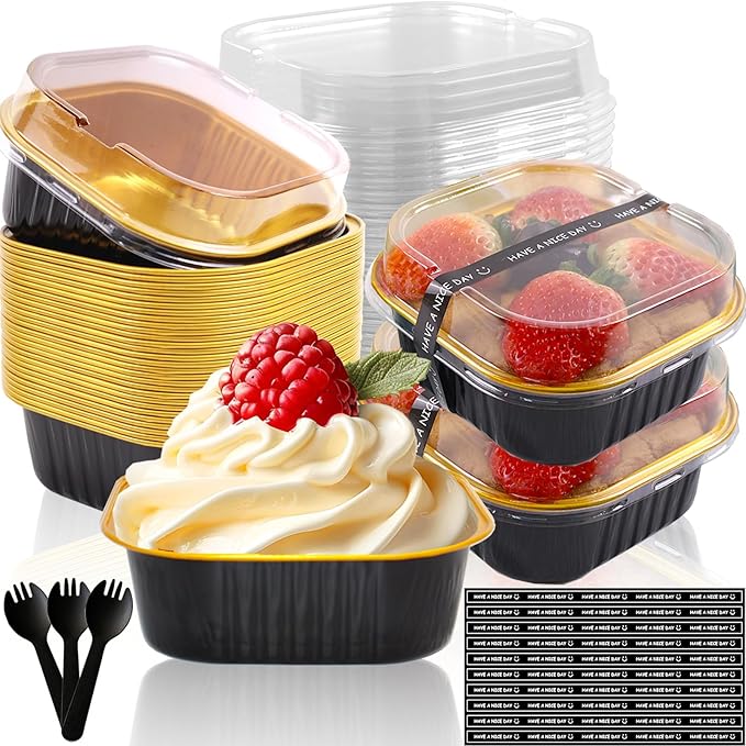 10oz Mini Cake Pans With Lids 50 Pack Aluminum Foil Square Brownie Baking Cups,Disposable Loaf Pans With Lids and Spoons Stickers,Large Cupcake Pans Muffin Tins Cake Container(Black)