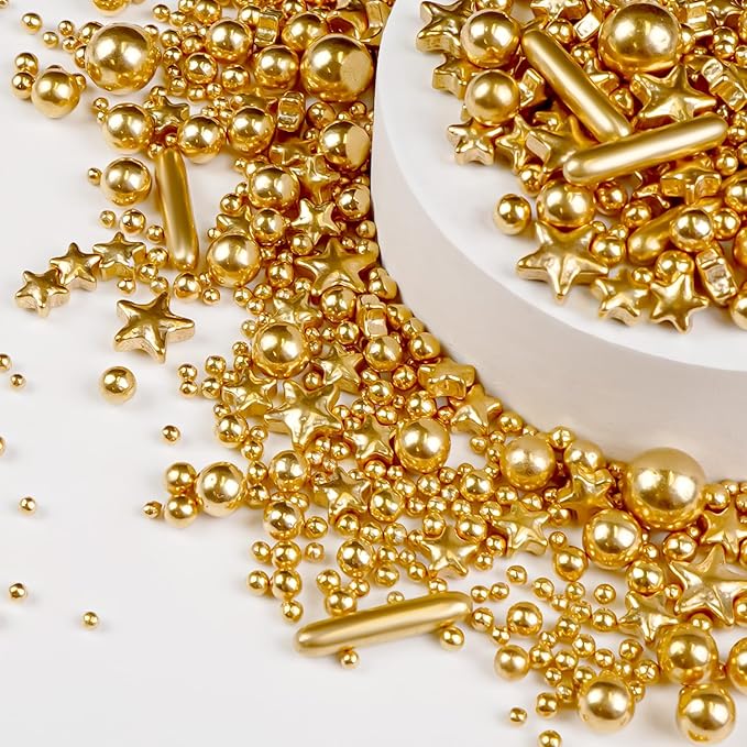 Christmas Gold Pearl Star Rods Sprinkles, Edible Gold Pearls Sprinkles for Cake Decorating, 150g/5.29oz, Cake Decoration, Cake Toppers, Wedding Party, Christmas Baking Supplies