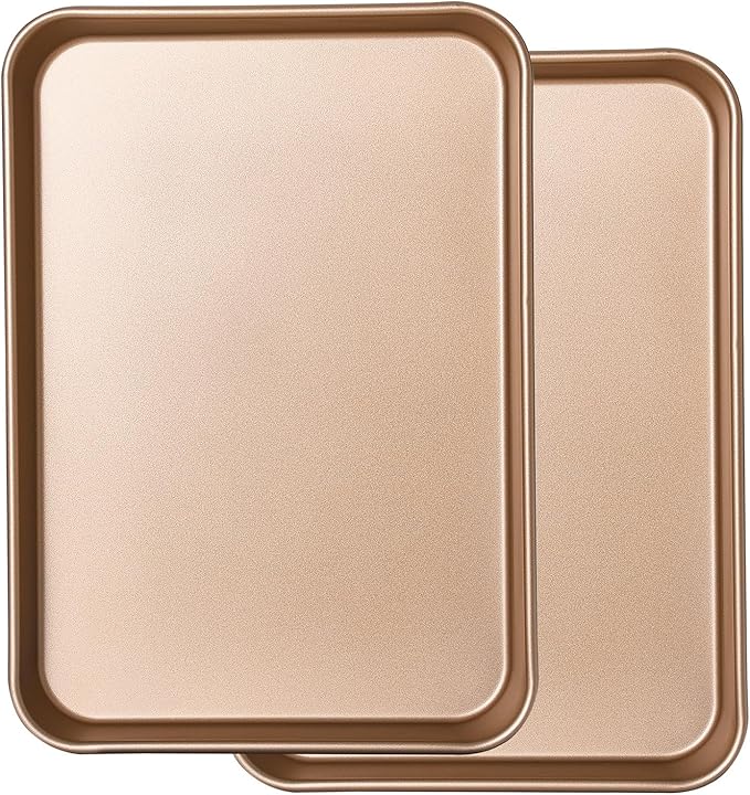 2 Pack 14 X 10 Inches Quality Baking Sheet Pan, Slick Carbon Steel Baking Sheet Set, Warp Resistant Nonstick Cookie Baker's Half Sheets for Baking, Roasting, Gold