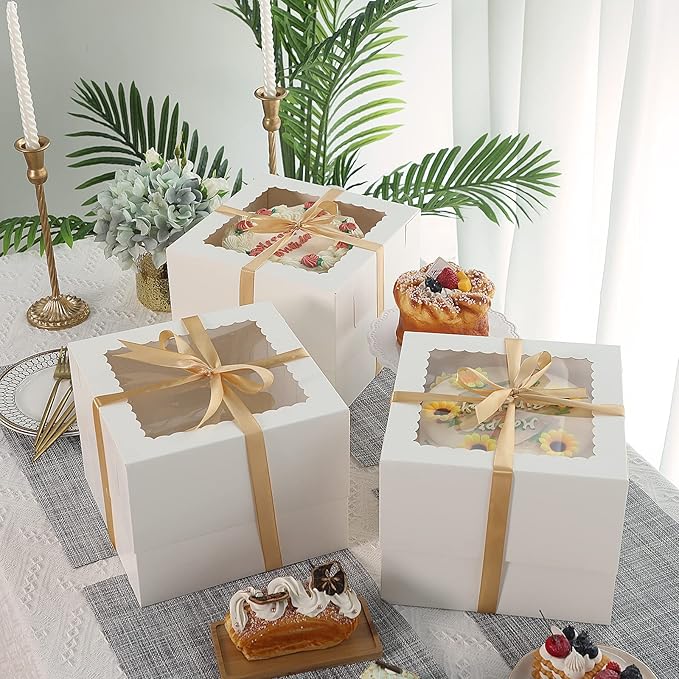 Moretoes 28pcs Cake Boxes, 10x10x8 Inch Bakery Boxes, Cake Boxes for Pastries, Desserts, Pie, Valentine's Day, Mother's Day, Birthday Party, White