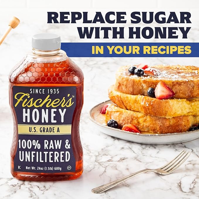 Fischer's 100% Pure, Raw & Unfiltered Honey – USA Made Honey, 24 oz – All-Natural Sweetener – Rich Flavor Profile, Packed with Nutrients