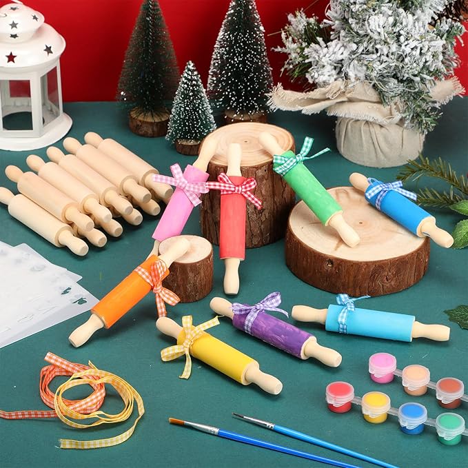 30 Pack Wooden Mini Rolling Pin Craft Kits, 5 Inches Long Small Wooden Rollers with Plaid Ribbon Paint Brush and Template Cards for Christmas Tray Decorations, Art Crafts, Cookie Dough, Clay, Kitchen