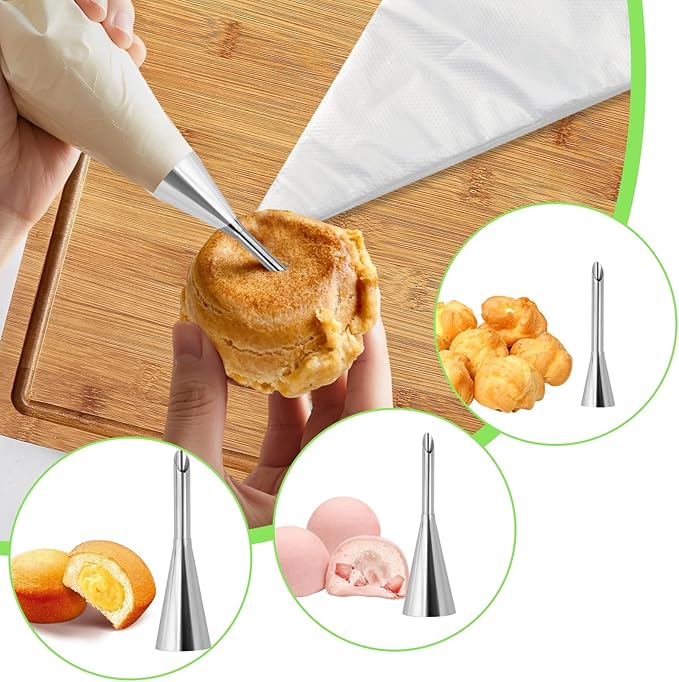 3 Pcs Puff Cream Filling Piping Tips Kit Stainless Steel Long Icing Piping Nozzle Tips With 50 Disposable Pastry Piping Bags and Tip Cleaning Brush for Filling Donuts Cupcakes Eclairs Decorating Tool